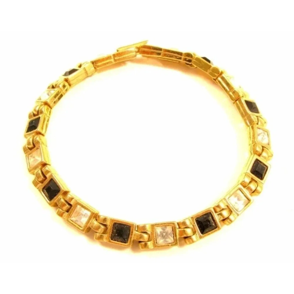 Signed LR  Black & Clear Rhinestone Gold Toned‎ Bracelet